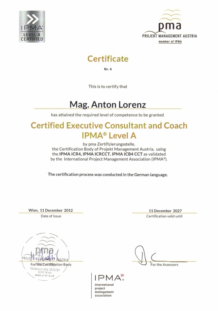 Certificate Certified Executive Consultant and Coach IPMA Level A für Anton Lorenz.